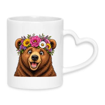 Bär mit Blumenschmuck  - Tasse mit Herzhenkel - Weiß - Rechts