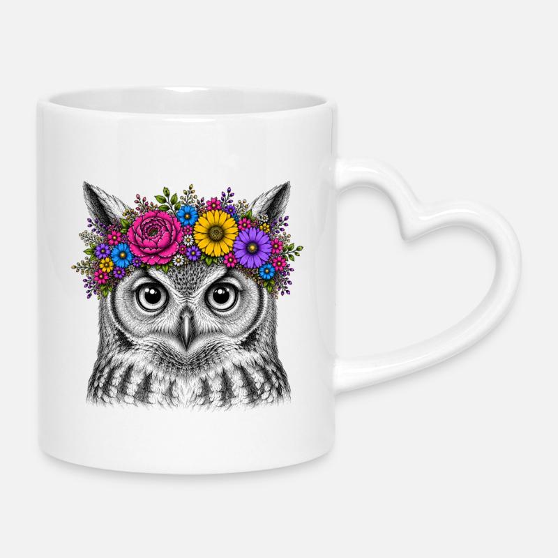 Eulenkopf mit Blumenkrone - Tasse mit Herzhenkel - Weiß