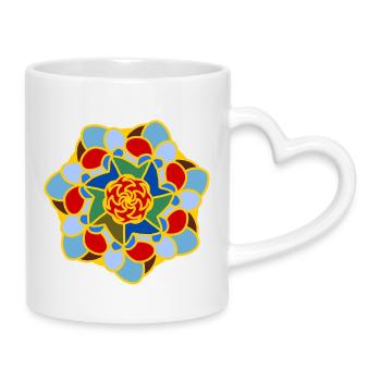 Bunte, florale Mandala Blau, Grün, Gelb, Gelb - Tasse mit Herzhenkel - Weiß - Rechts