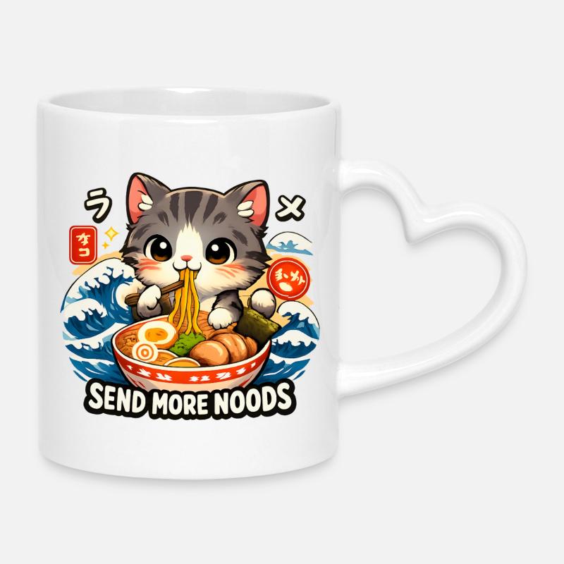 Kawaii Cat Ramen Nouilles Anime Chat - Mug avec anse en forme de cœur - blanc