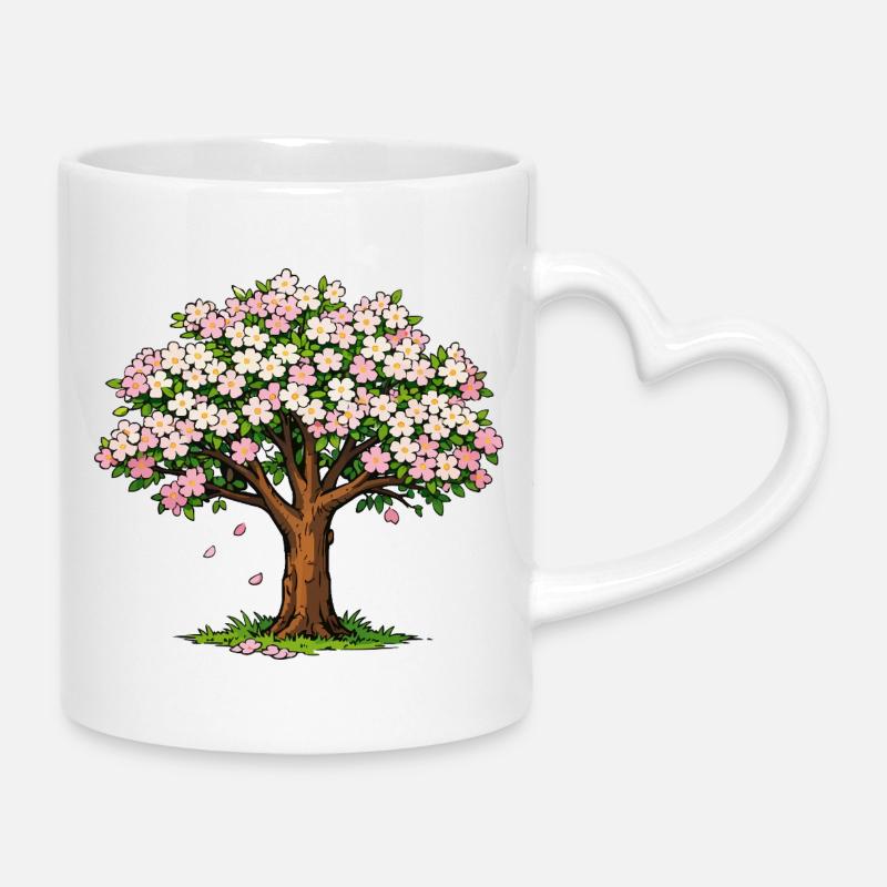Arbre fleuri aux fleurs roses et blanches - Mug avec anse en forme de cœur - blanc