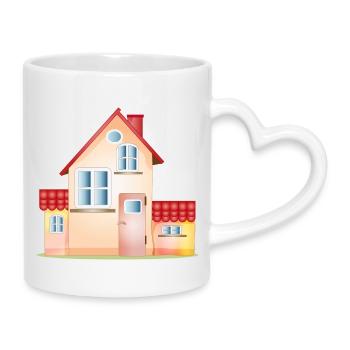 Buntes Haus – Freundliches Zuhause Motiv - Tasse mit Herzhenkel - Weiß - Rechts