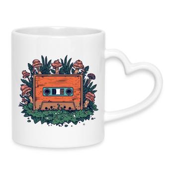 Retro-Kassette und Waldpilze - Tasse mit Herzhenkel - Weiß - Rechts