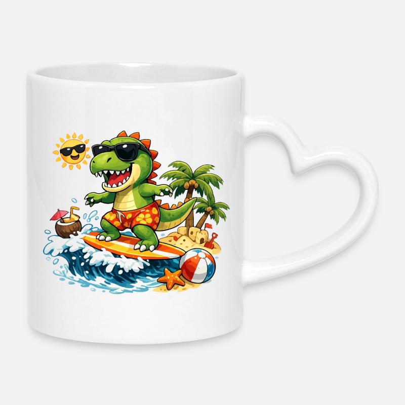 Dinosaur Surfer Fun Illustration for Kids - Mug with Heart-Shaped Handle - white