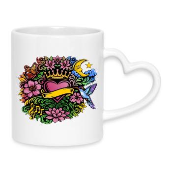 Herz Krone Blumen Kolibri Design - Tasse mit Herzhenkel - Weiß - Rechts