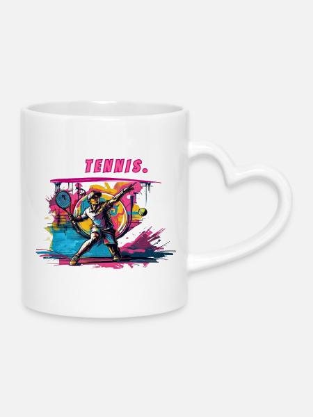 Tennis Neon Vintage Print Tennis Player - Mug with Heart-Shaped Handle - white