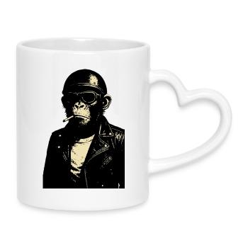 Affe mit Brille und Helm in Lederjacke - Tasse mit Herzhenkel - Weiß - Rechts