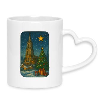 Winterlicher Kirchenplatz mit Weihnachtsbaum - Tasse mit Herzhenkel - Weiß - Rechts
