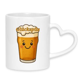 Happy Beer – Cute „Glückspils“ Cartoon Design - Tasse mit Herzhenkel - Weiß - Rechts