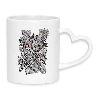Schwarz-Weiß Blättermuster mit Akzenten - Tasse mit Herzhenkel - Weiß - Rechts