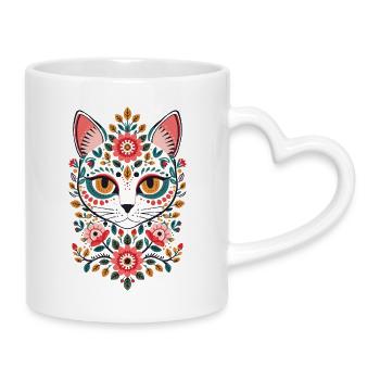 Katzengesicht im Blumenreich - Tasse mit Herzhenkel - Weiß - Rechts