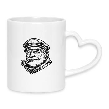 Kapitän mit Pfeife im Holzschnitt-Stil - Tasse mit Herzhenkel - Weiß - Rechts