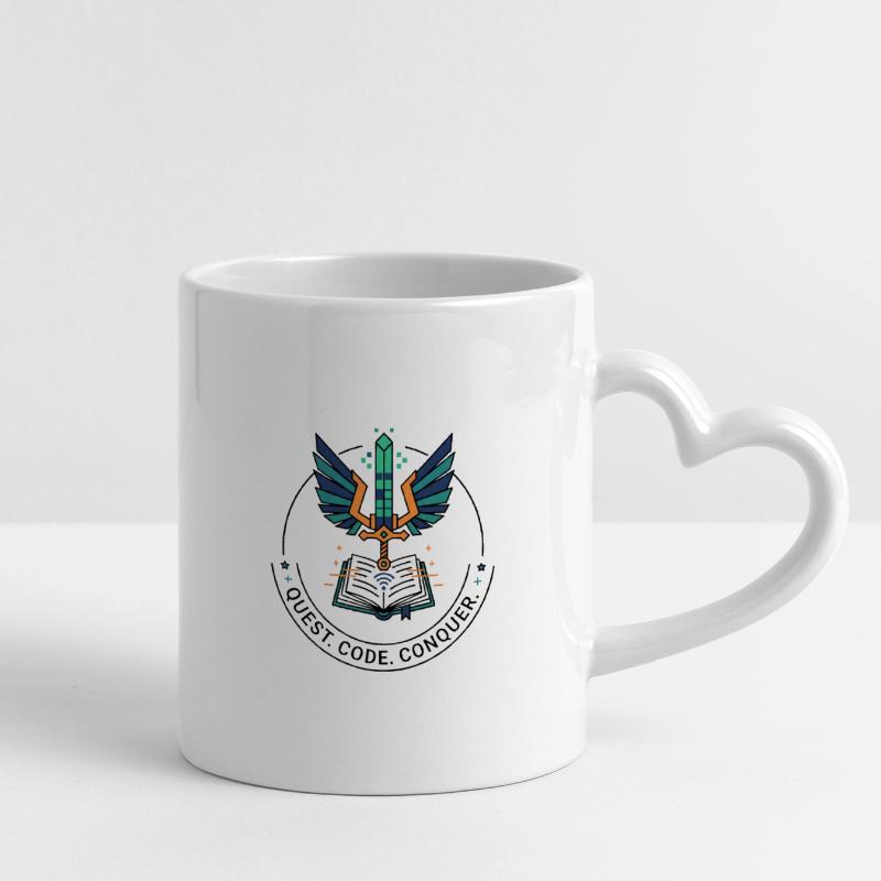 Quest. Code. Conquer Emblem Mug with Heart-Shaped Handle