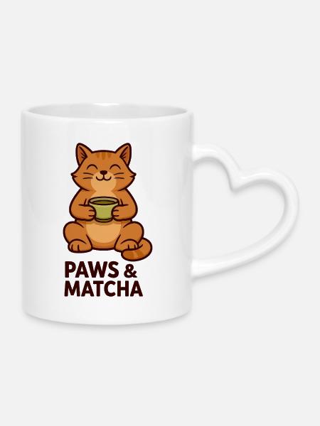 Pfoten & Matcha Katze - Tasse mit Herzhenkel - Weiß