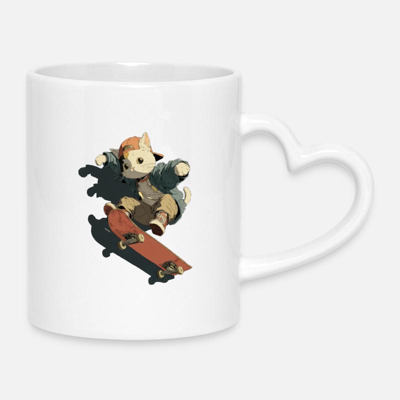 Skateboarding Cat Streetwear - Mug with Heart-Shaped Handle - white