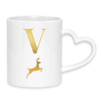 Buchstabe v goldener Hirsch - Geschenkidee - Tasse mit Herzhenkel - Weiß - Rechts