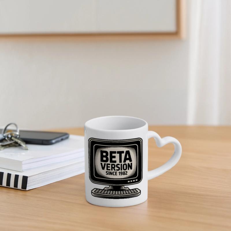 Retro Computer Beta Version Design Mug with Heart-Shaped Handle