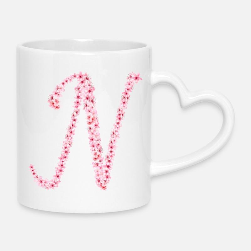 Initiale N de la fleur de cerisier - Mug avec anse en forme de cœur - blanc