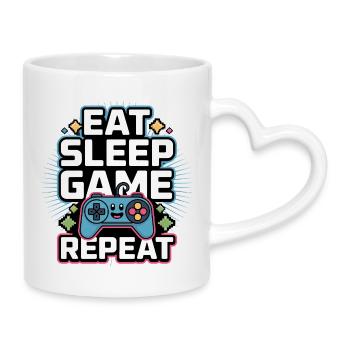 Essen, Schlaf Spiel Wiederholen - Tasse mit Herzhenkel - Weiß - Rechts