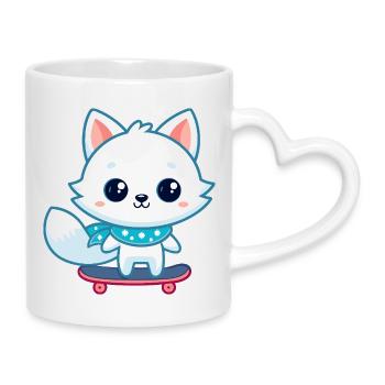 Weißer Fuchs auf blauem Skateboard - Tasse mit Herzhenkel - Weiß - Rechts