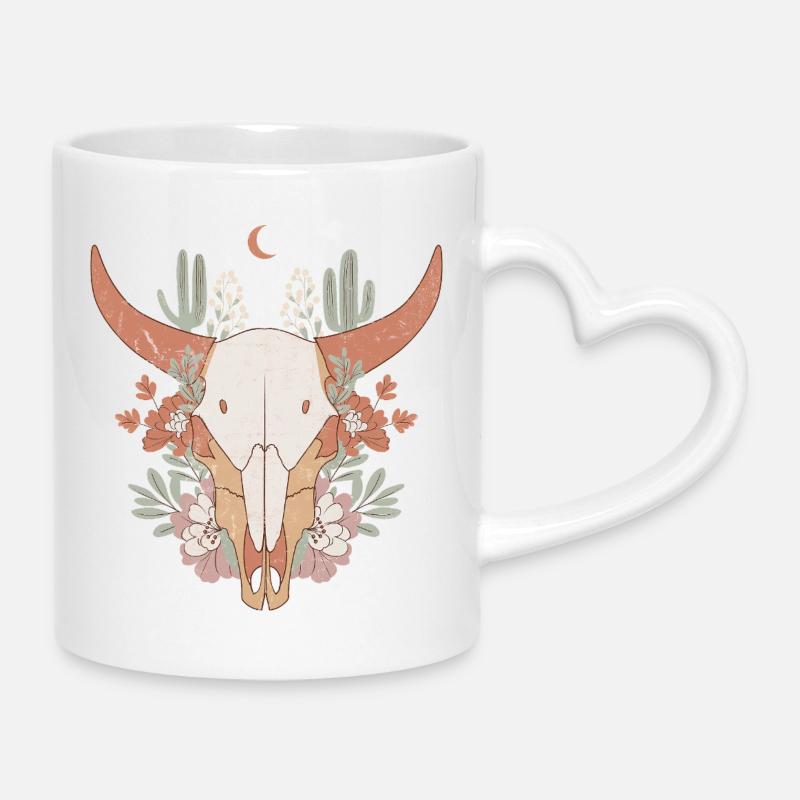 Kuh Schädel mit Blumen Western Boho Print - Tasse mit Herzhenkel - Weiß