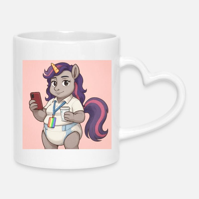 Licorne communicative avec livre et smartphone - Mug avec anse en forme de cœur - blanc