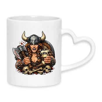 Viking Kriegerin mit Helm und Bier - Tasse mit Herzhenkel - Weiß - Rechts