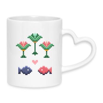 Pixel Art Fish and Flower Motif  - Mug with Heart-Shaped Handle - white - Right
