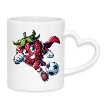 Fußball Erdbeere Superheld Kicker Comic - Tasse mit Herzhenkel - Weiß - Rechts