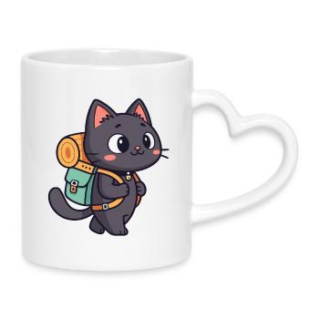Wanderkatze mit Rucksack - Tasse mit Herzhenkel - Weiß - Rechts