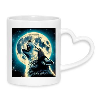 Wolf heult zum Vollmond - Tasse mit Herzhenkel - Weiß - Rechts