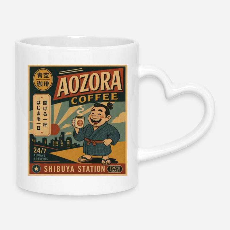 AOZORA Kaffee Shibuya Retro-Plakat - Tasse mit Herzhenkel - Weiß