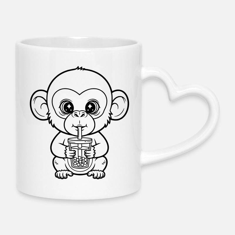 Niedlicher Affe mit Bubble Tea Line Art Design - Tasse mit Herzhenkel - Weiß