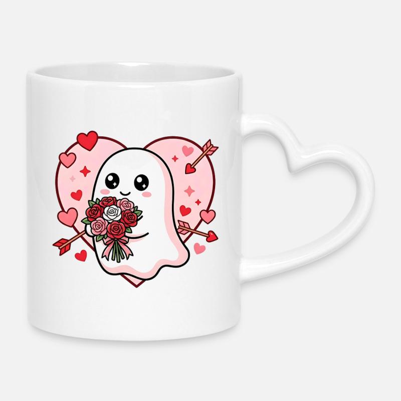 Cute Spooky Ghost Valentine Rose Heart - Mug with Heart-Shaped Handle - white