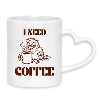 I Need Coffee – Funny Tired Bird - Tasse mit Herzhenkel - Weiß - Rechts