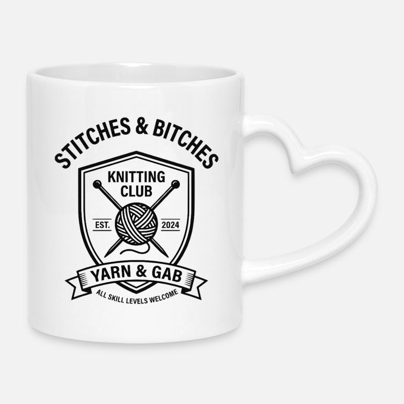 Points et points de bouclier du club de tricot - Mug avec anse en forme de cœur - blanc