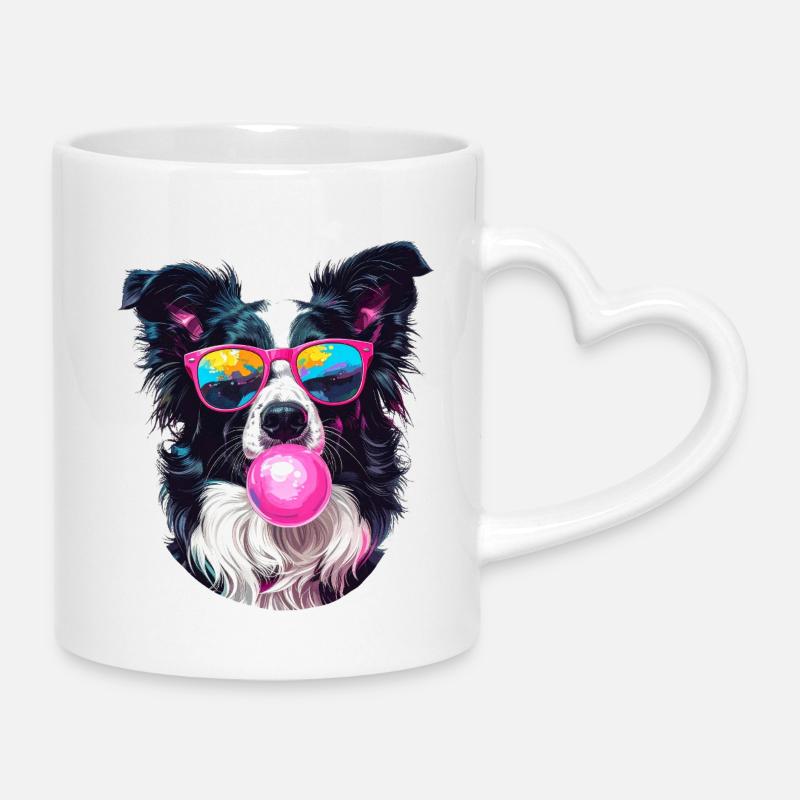 Border Collie avec lunettes de soleil et chewing-gum - Mug avec anse en forme de cœur - blanc