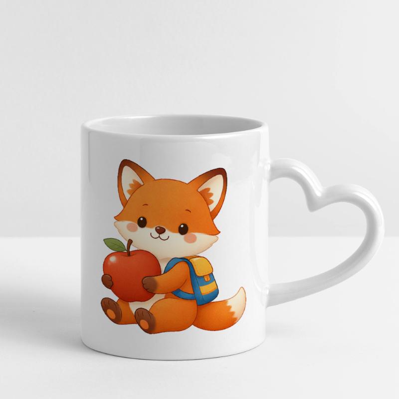 Cuddly fox with apple and backpack Mug with Heart-Shaped Handle