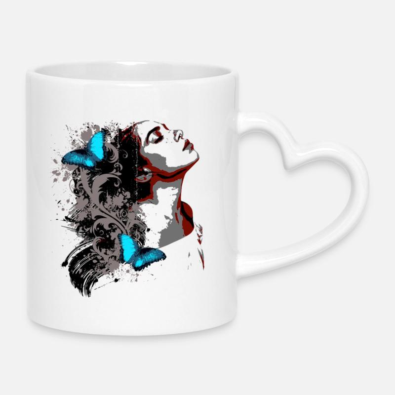 Visage Floral et Papillons Bleus - Mug avec anse en forme de cœur - blanc