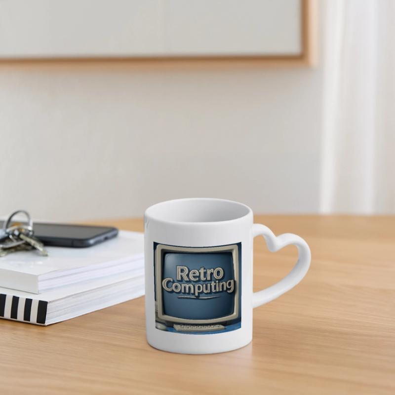 Retro Computer Graphics on Blue Background Mug with Heart-Shaped Handle