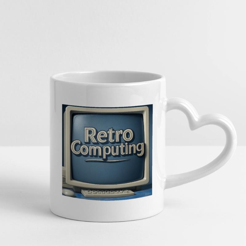 Retro Computer Graphics on Blue Background Mug with Heart-Shaped Handle
