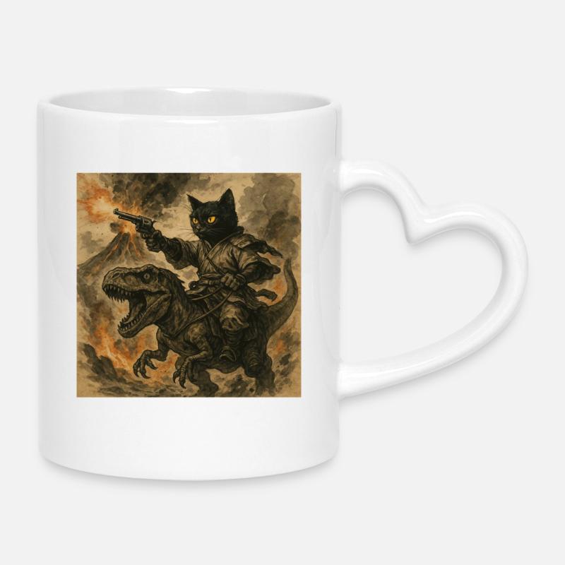 Samurai Cat Riding Dinosaur in Volcanic Eruption - Mug with Heart-Shaped Handle - white