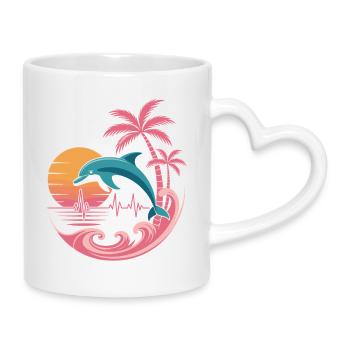 Dolphin and palm sunset design - Mug with Heart-Shaped Handle - white - Right