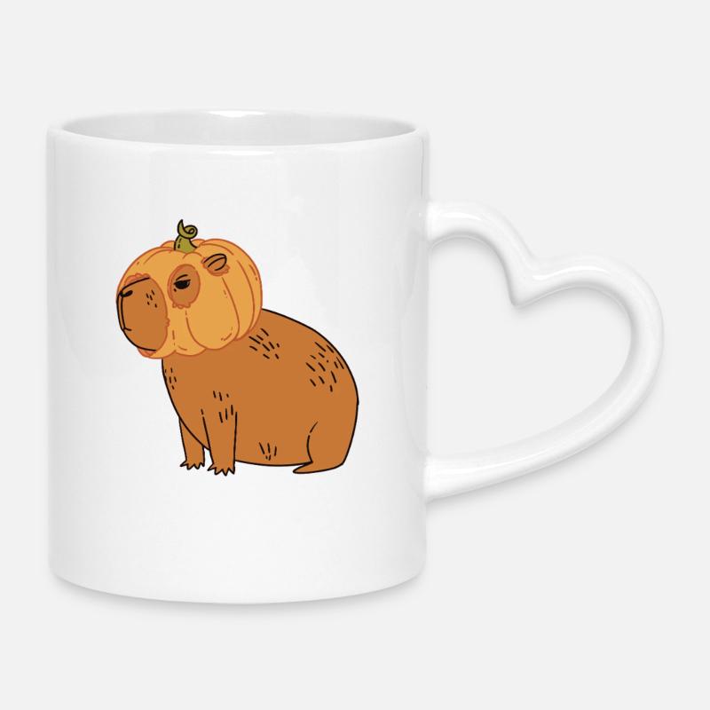 Capybara mignon et drôle avec un chapeau de citrouille pour Halloween - Mug avec anse en forme de cœur - blanc
