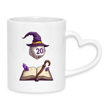 Schwebender W20 mit Zauberhut – Fantasy Dice - Tasse mit Herzhenkel - Weiß - Rechts