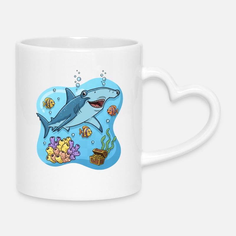 Cartoon Style Hammerhead Shark In Ocean - Mug with Heart-Shaped Handle - white