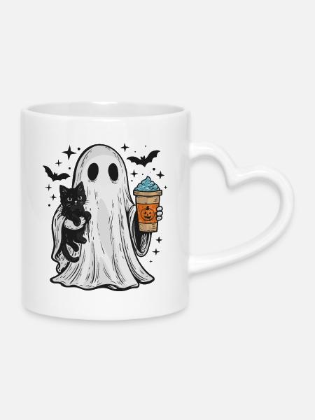 Halloween Ghost with Cat and Coffee - Mug with Heart-Shaped Handle - white