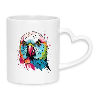 Bunter Wellensittich Kunstdesign - Tasse mit Herzhenkel - Weiß - Rechts