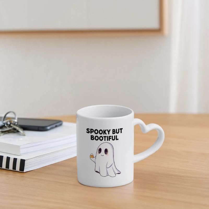 Spooky But Bootiful Cute Ghost Holding Candy Corn  Mug with Heart-Shaped Handle