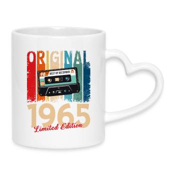 60. Geburtstag Kassette Dezember Jahrgang 1965 - Tasse mit Herzhenkel - Weiß - Rechts